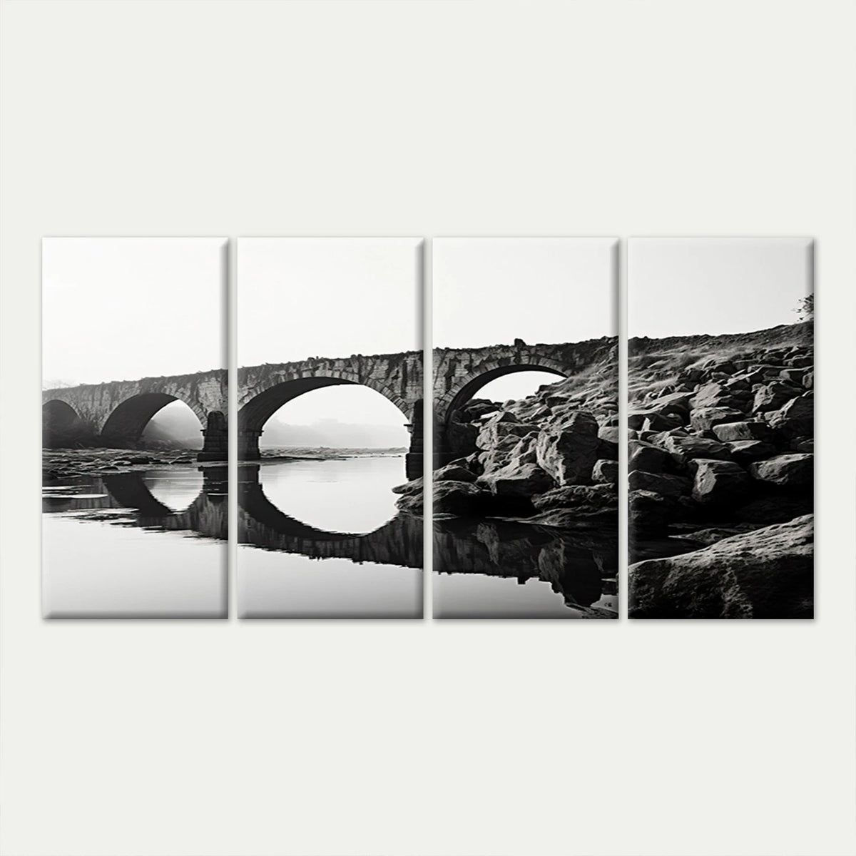 4pcs Black & White Stone Arch Bridge River Wall Art Canvas Framed 45x80cm - High Quality Print 100% Australian Made Wall Canvas Ready to Hang