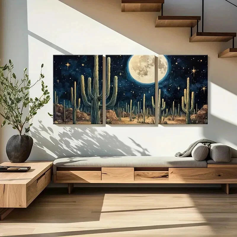 3pcs Moonlit Desert Cactus Night Sky Stars Metal Print Ready to Hang Art