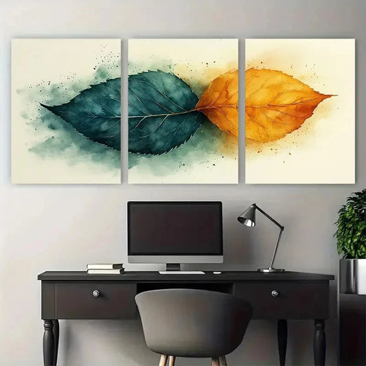 3pcs Modern Green Golden Abstract Leaf Metal Print Ready to Hang Art