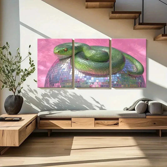 3pcs Green Snake Coiled on Disco Ball Abstract Art Metal Print Ready to Hang Art