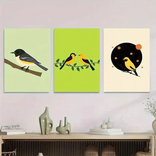 3pcs Modern Minimalist Bird Vibrant Green White Wall Art Set Canvas Framed 50x70cm - High Quality Print 100% Australian Made Wall Canvas Ready to Hang