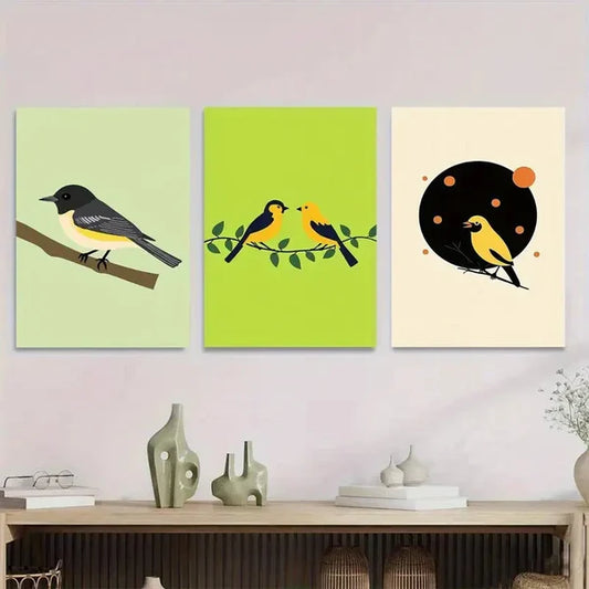 3pcs Modern Minimalist Bird Vibrant Green White Wall Art Set Canvas Framed 50x70cm - High Quality Print 100% Australian Made Wall Canvas Ready to Hang