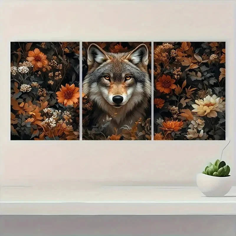 3pcs Wolf and Floral Metal Print Ready to Hang Art