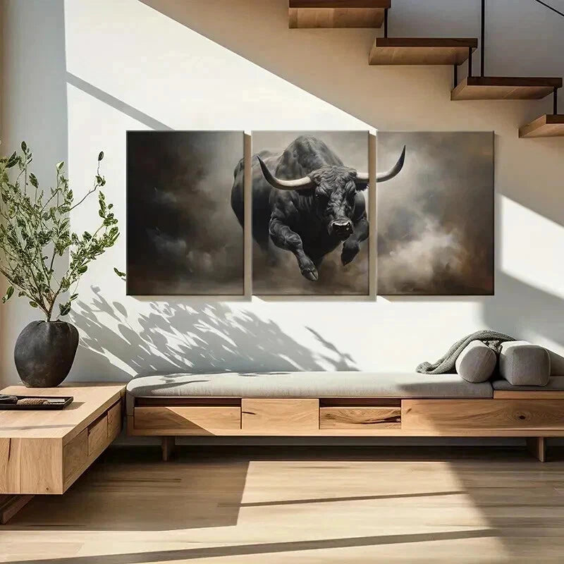 3pcs Black Bison Bull Cow Retro Farmhouse  Wall Art Set Canvas Framed 40x60cm - High Quality Print 100% Australian Made Wall Canvas Ready to Hang