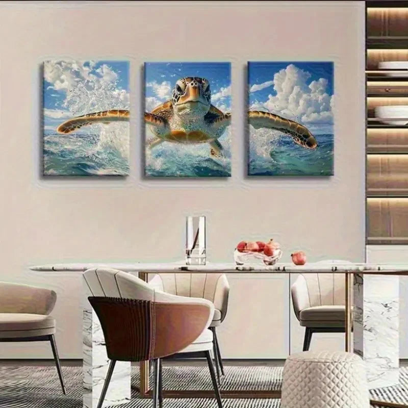 3pcs Marine Life Turtle Jumping Wave Metal Print Ready to Hang Art