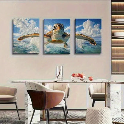3pcs Marine Life Turtle Jumping Wave Metal Print Ready to Hang Art