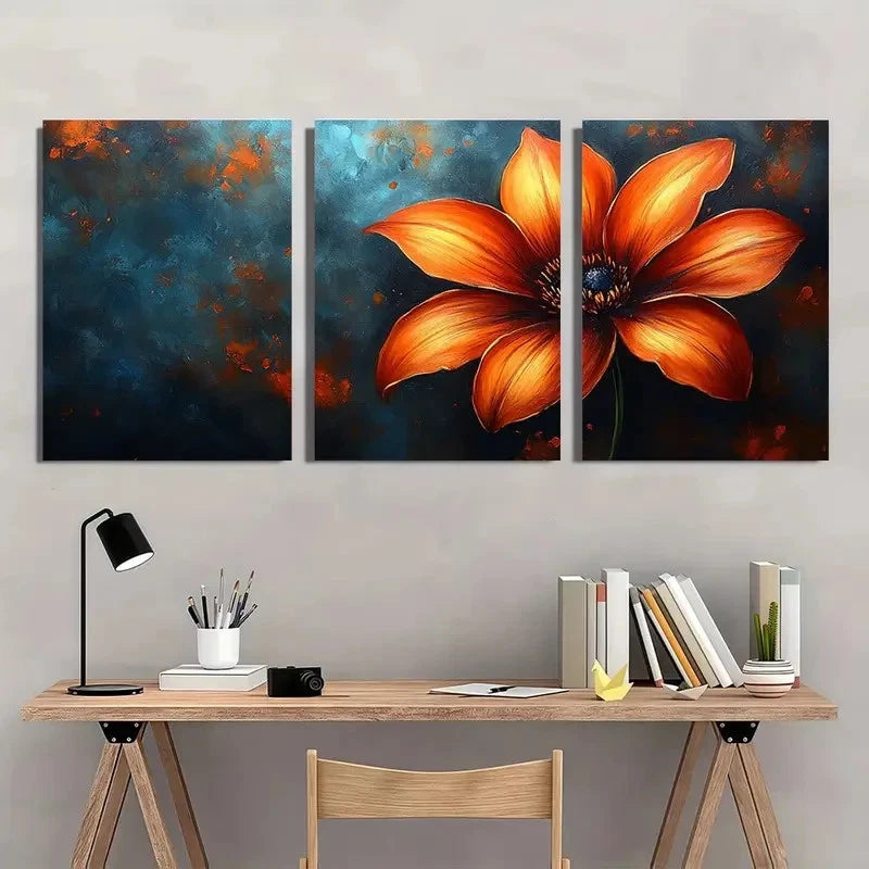 3pcs Orange Floral Oil Painting Metal Print Ready to Hang Art