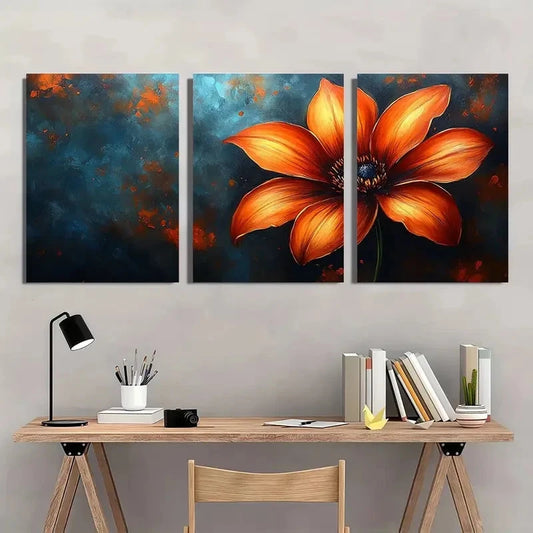 3pcs Orange Floral Oil Painting Metal Print Ready to Hang Art