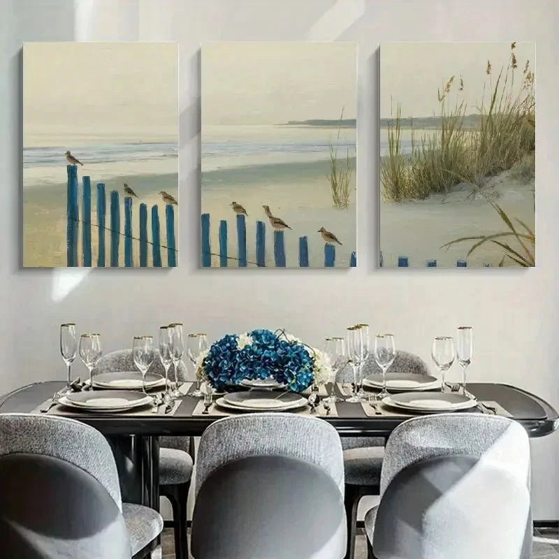 3pcs Beach Scene Soft Chalk Style Triptych Metal Print Ready to Hang Art