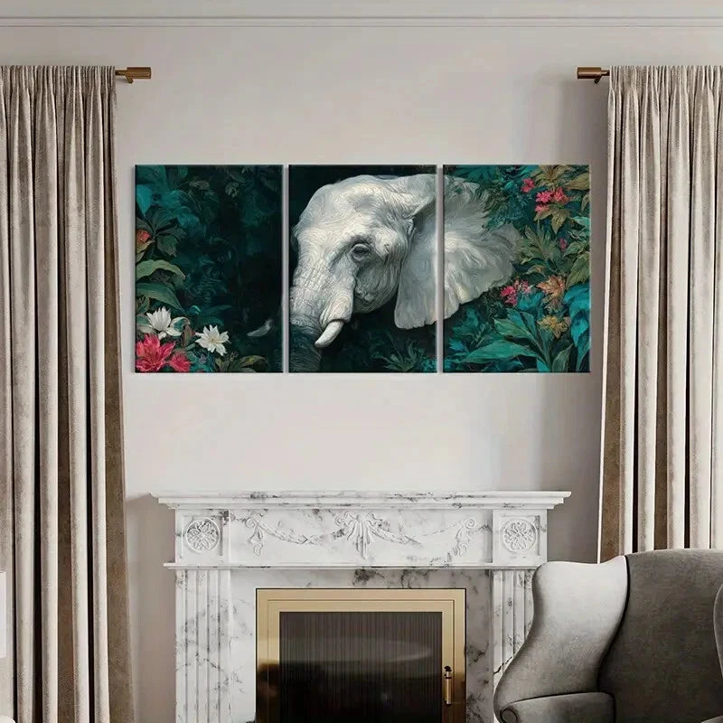 3pcs Jungle Theme with White Tusks Floral Metal Print Ready to Hang Art