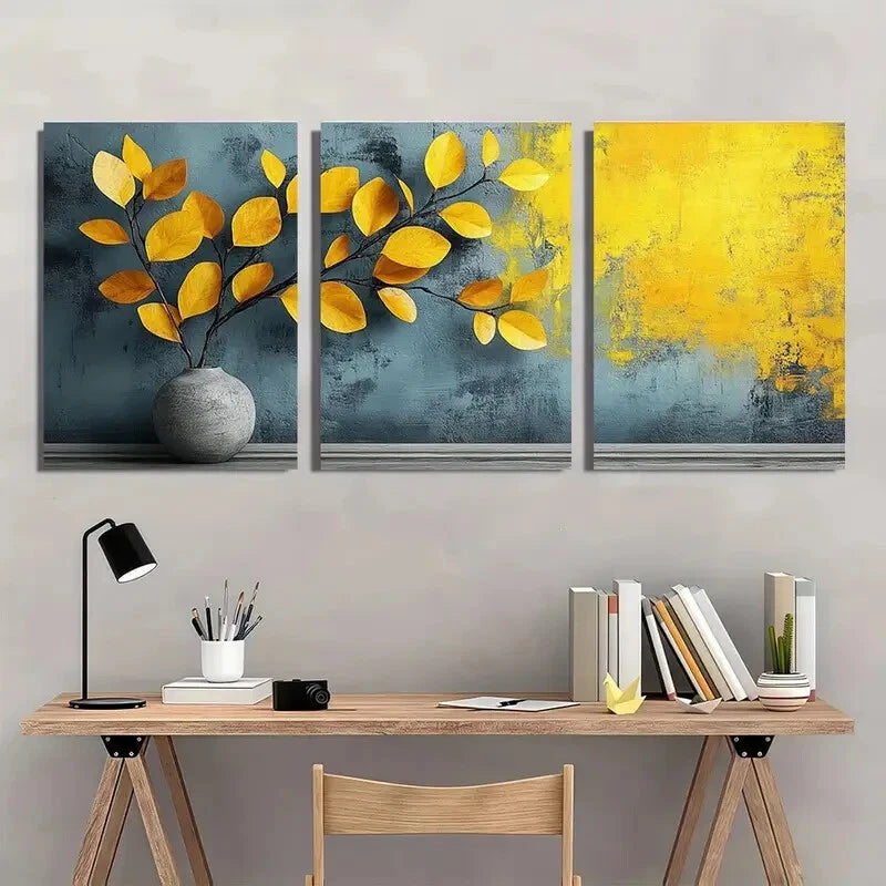 3pcs Vibrant Yellow & Blue Leaf Botanical Metal Print Ready to Hang Art