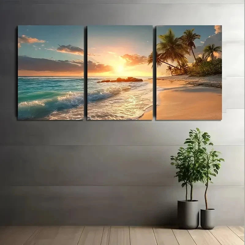 3pcs Sunset on an Exotic Island Beach Poster Metal Print Ready to Hang Art