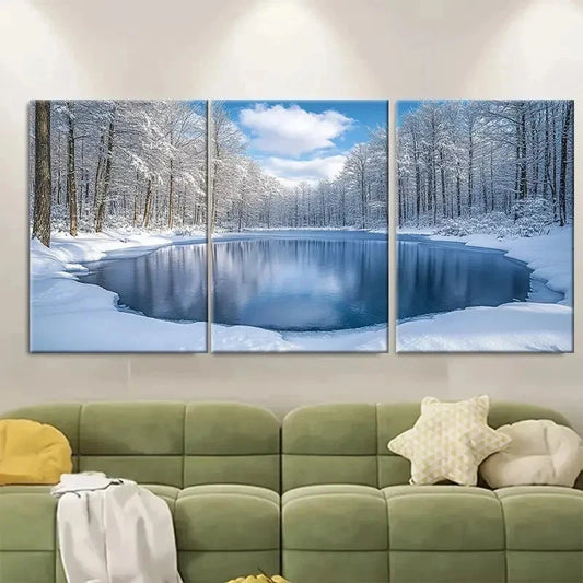 3pcs Snowy Woodland Forest with Frozen Lake F Wall Art Set Canvas Framed 50x70cm - High Quality Print 100% Australian Made Wall Canvas Ready to Hang