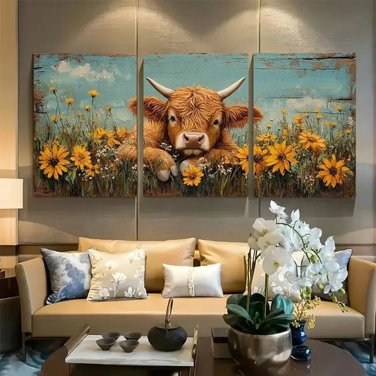 3pcs Youngsters Highland Cow Wildflower Meadow Metal Print Ready to Hang Art