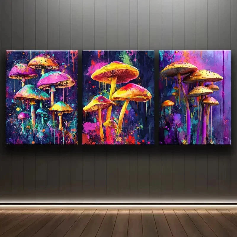 3pcs Dazzling Mushrooms Painting Metal Print Ready to Hang Art