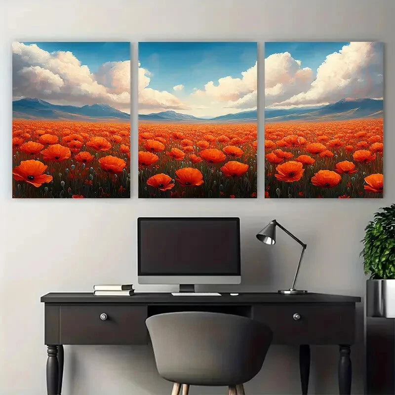 3pcs Blooming Poppy Field Illustration Metal Print Ready to Hang Art