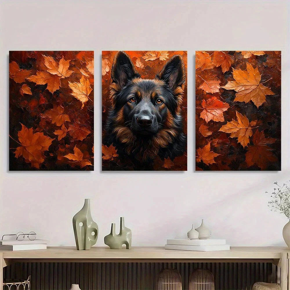 3pcs Black German Shepherd Dog Autumn Leaves Metal Print Ready to Hang Art