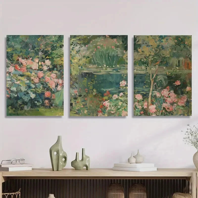 3pcs Traditional Garden Pond Oil Painting, Monet Metal Print Ready to Hang Art