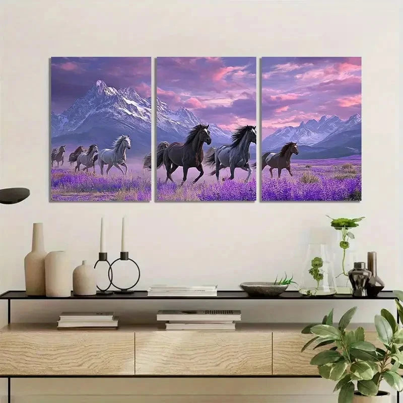 3pcs Black White Gray & Purple Wild Horses Metal Print Ready to Hang Art