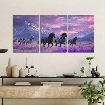 3pcs Black White Gray & Purple Wild Horses Metal Print Ready to Hang Art