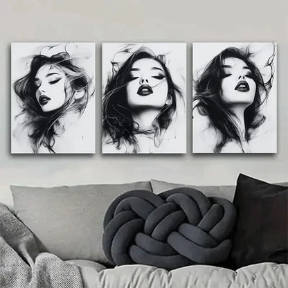 3pcs Monochrome Portrait Flowing Hair Wall Art Set Canvas Unframed - High Quality Print 100% Australian Made Wall Canvas