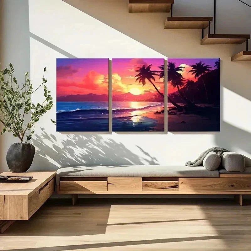 3pcs Colorful Sky Palm Trees & Ocean Waves Wall Art Set Canvas Framed 40x60cm - High Quality Print 100% Australian Made Wall Canvas Ready to Hang