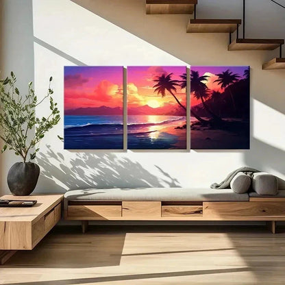 3pcs Colorful Sky Palm Trees & Ocean Waves Wall Art Set Canvas Framed 40x60cm - High Quality Print 100% Australian Made Wall Canvas Ready to Hang