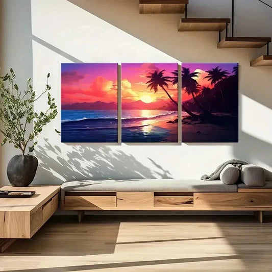 3pcs Colorful Sky Palm Trees & Ocean Waves Wall Art Set Canvas Framed 40x60cm - High Quality Print 100% Australian Made Wall Canvas Ready to Hang
