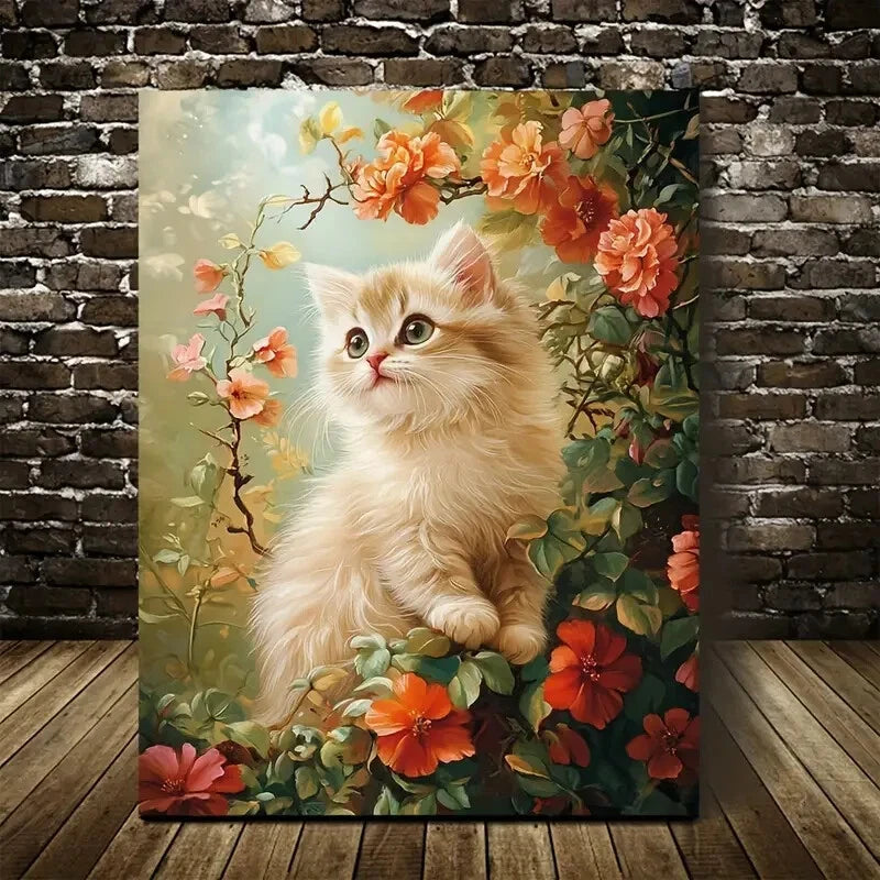 Cute Persian Kitten with Flowers Painting 40x60cm Metal Print Ready to Hang