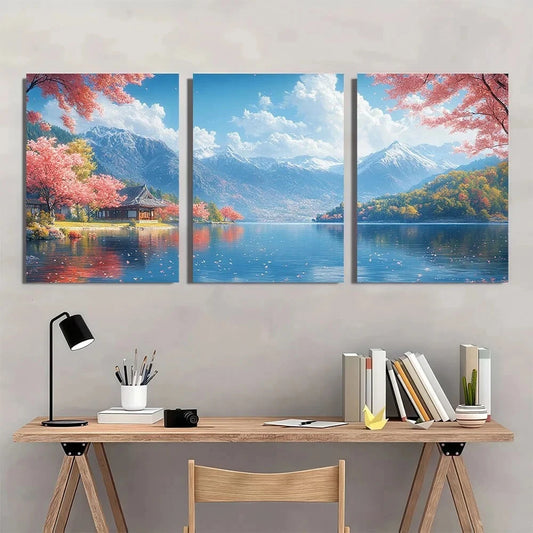 3pcs Lake Painting Nature Scenery Metal Print Ready to Hang Art