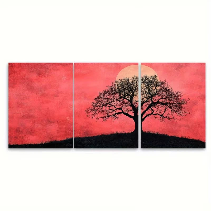 3pcs Abstract Pink Sky with Black Tree Silhouette Metal Print Ready to Hang Art