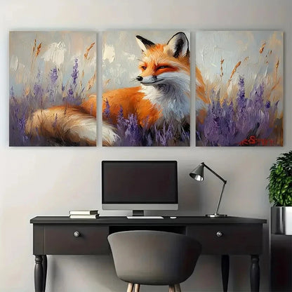 3pcs Fox in Lupine Floral field Illustration Metal Print Ready to Hang Art