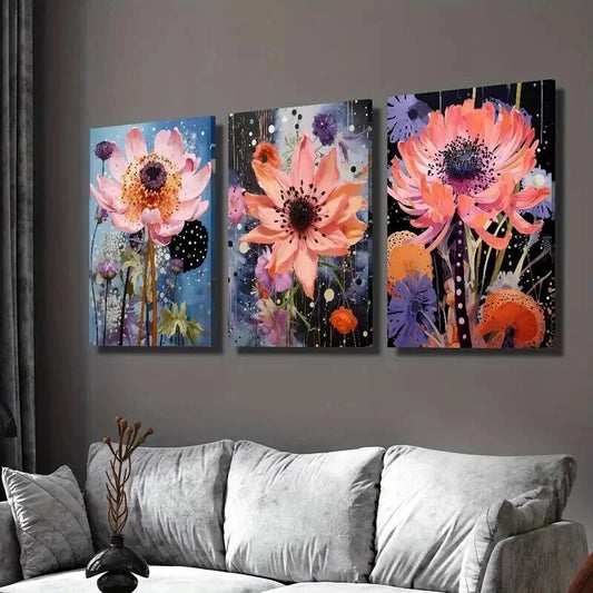 3pcs Retro Pink Cornflower Landscape Wall Art Set Canvas Framed 40x60cm - High Quality Print 100% Australian Made Wall Canvas Ready to Hang