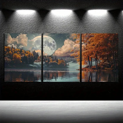 3pcs Full Moon in The Sky Over An Autumn Forest Metal Print Ready to Hang Art