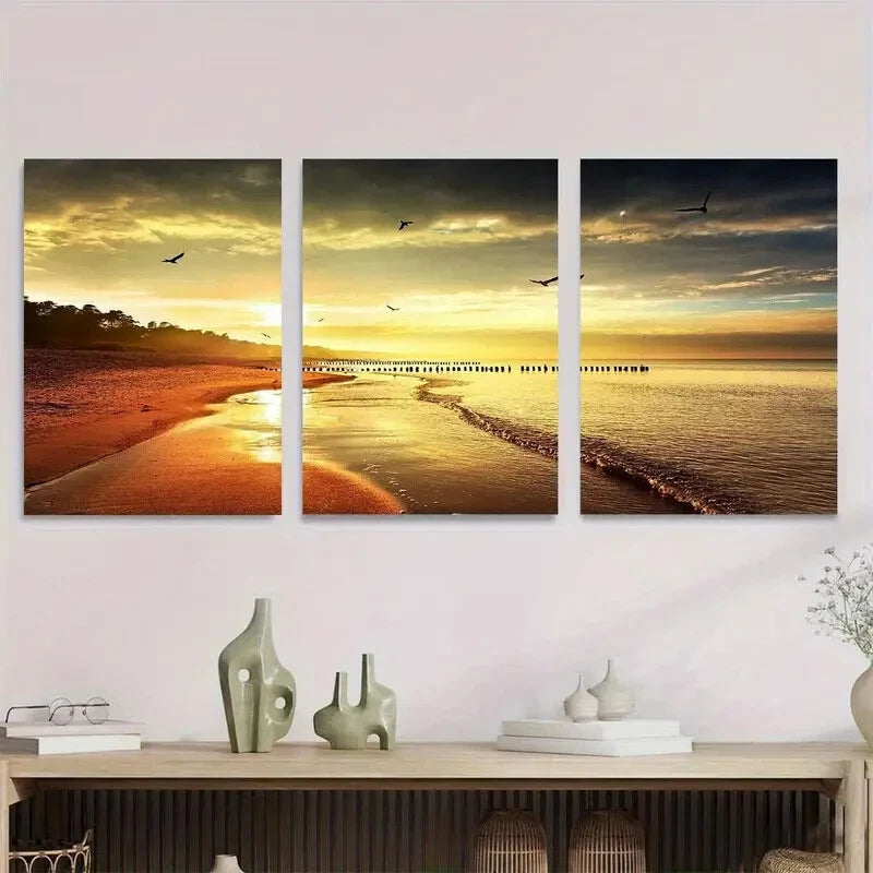 3pcs Sunset Beach Triptych Modern Coastal Metal Print Ready to Hang Art