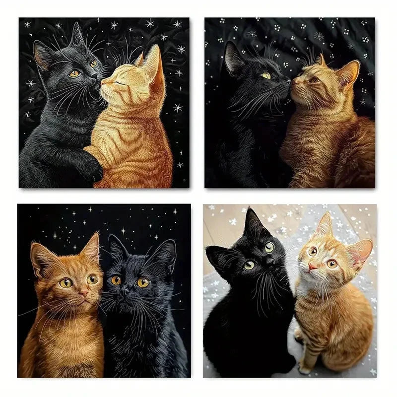 4pcs Black Cat and Orange Cat Wall Art Canvas Framed