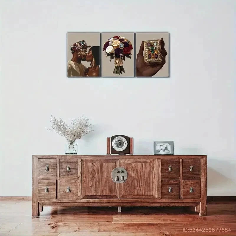 3pcs Elegant Black Couple & Luxurious Jewelry Metal Print Ready to Hang Art