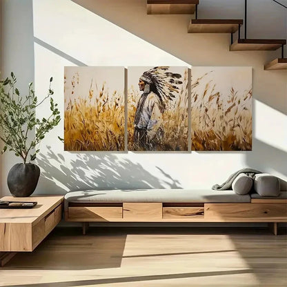 3pcs Native American Chief in Wheat Field Metal Print Ready to Hang Art
