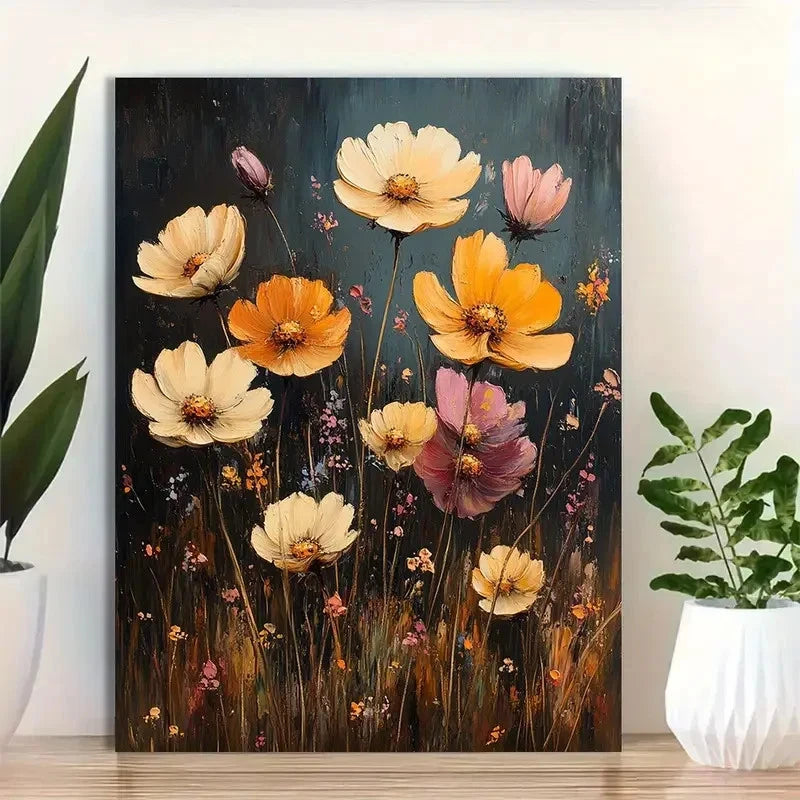 Beautiful Dark Floral Field Of Flowers Painting 40x60cm Metal Print Ready to Hang