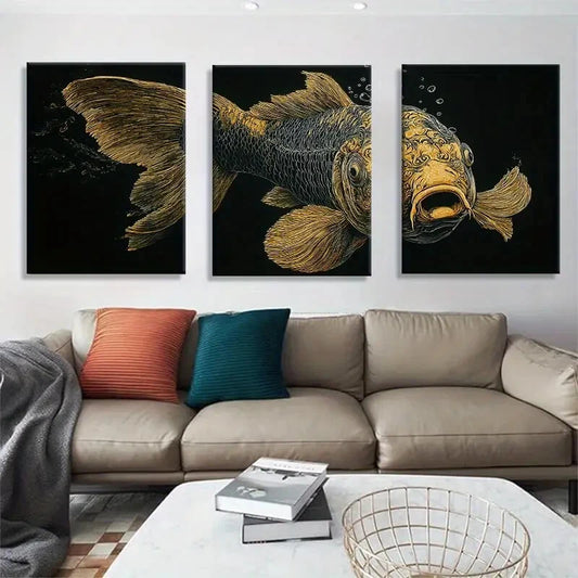 3pcs Golden Koi Fish Modern Asian Painting Metal Print Ready to Hang Art