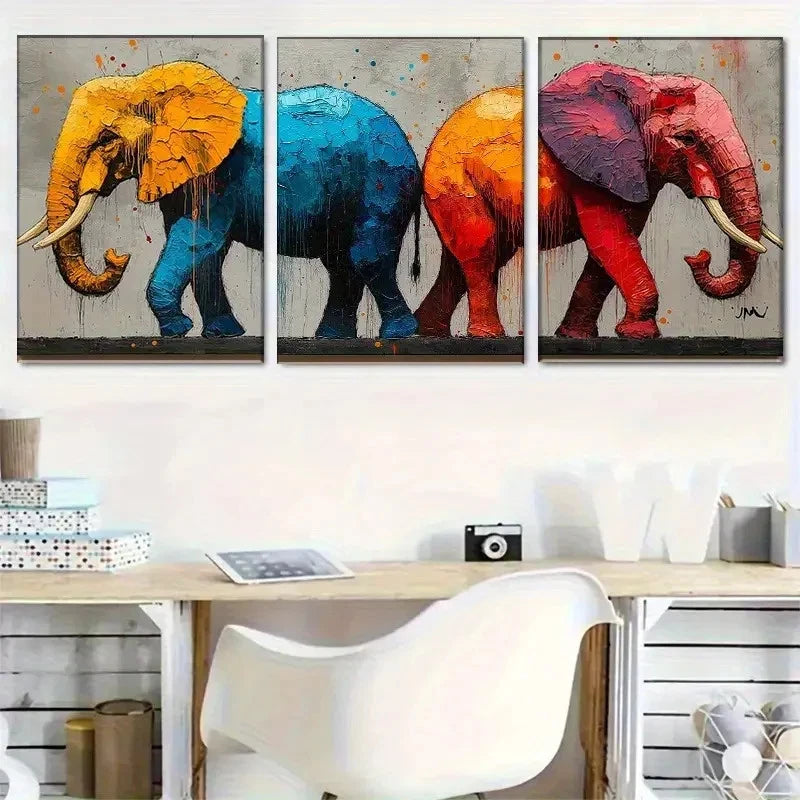 3pcs Colorful Elephant Triptych Wall Art Metal Print Ready to Hang Art