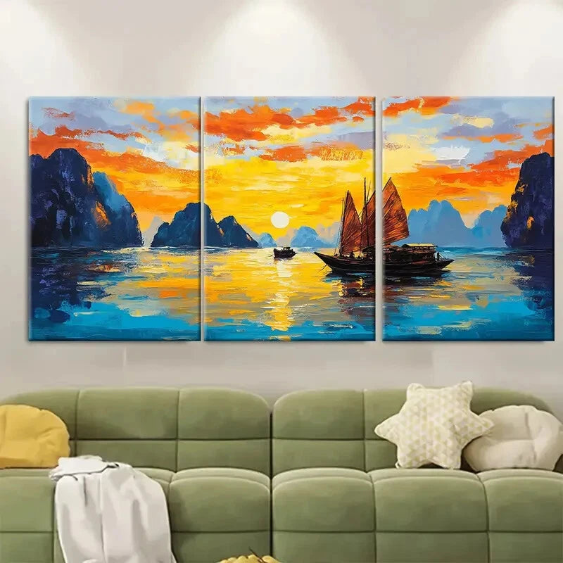 3pcs Ha Long Bay Sunset Vietnam Travel Poster Metal Print Ready to Hang Art