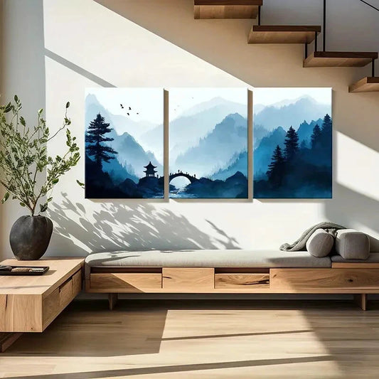 3pcs Traditional Bridge Mountain Scenery Metal Print Ready to Hang Art