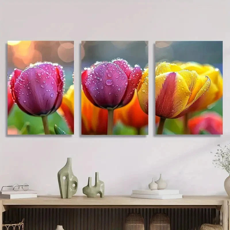 3pcs Tulips in the rain, floral Metal Print Ready to Hang Art