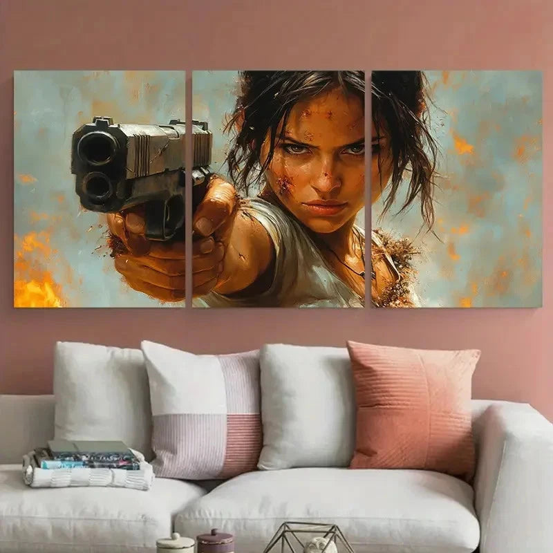 3pcs Strong Woman Fighter with Gun Destroyed Wall Art Set Canvas Framed 60x90cm - High Quality Print 100% Australian Made Wall Canvas Ready to Hang