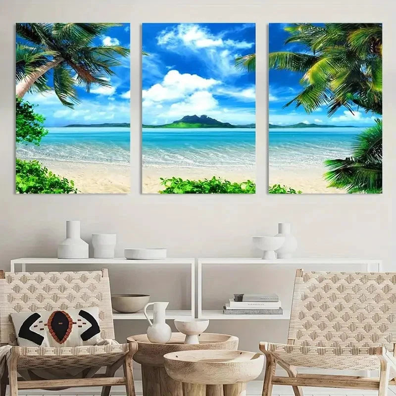 3pcs Painting Blue Sea Beach Art Seascape Metal Print Ready to Hang Art