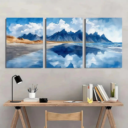 3pcs Watercolor Painting of Vestrahorn Beach Metal Print Ready to Hang Art