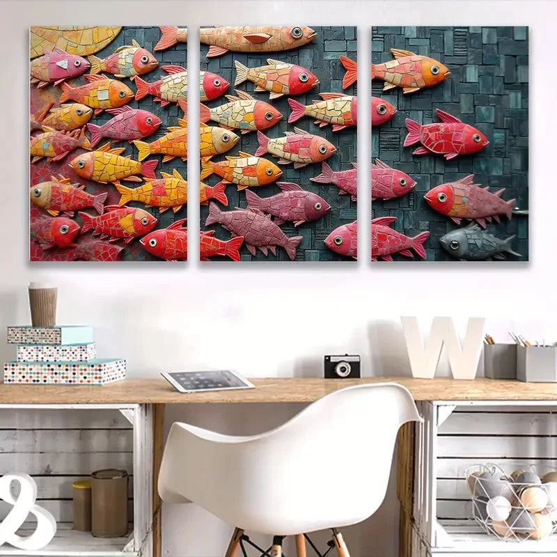 3pcs Colorful Fish Swim Underwater Scene Wall Art Set Canvas Framed 40x60cm - High Quality Print 100% Australian Made Wall Canvas Ready to Hang