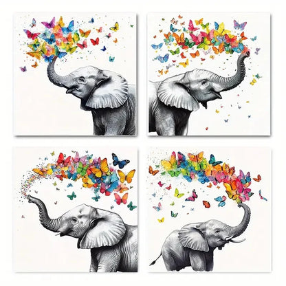 4pcs Vibrant Butterfly ElephantWall Art Canvas Framed