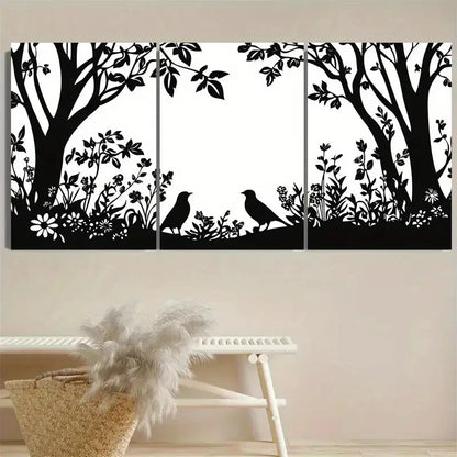 3pcs Forest Birds & Flowers Silhouette Wall Art Set Canvas Framed 60x90cm - High Quality Print 100% Australian Made Wall Canvas Ready to Hang